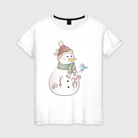 Женская футболка хлопок с принтом Снеговик с птичкой в Екатеринбурге, 100% хлопок | прямой крой, круглый вырез горловины, длина до линии бедер, слегка спущенное плечо | новый год | птичка | рождество | снег | снеговик
