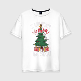 Женская футболка хлопок Oversize с принтом Cat on the tree в Екатеринбурге, 100% хлопок | свободный крой, круглый ворот, спущенный рукав, длина до линии бедер
 | cat | christmas | garland | gifts | holiday | kitty | new year | star | tree | гирлянда | елка | звезда | кот | котик | кошка | новый год | подарки | праздник | рождество
