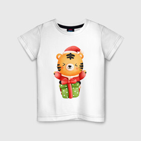 Детская футболка хлопок с принтом Тигренок с новогодним подарком в Екатеринбурге, 100% хлопок | круглый вырез горловины, полуприлегающий силуэт, длина до линии бедер | 2022 | год тигра | новый год | новый год 2022 | символ года | тигр | тигренок | тигрица | тигры