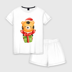 Женская пижама с шортиками хлопок с принтом Тигренок с новогодним подарком в Екатеринбурге, 100% хлопок | футболка прямого кроя, шорты свободные с широкой мягкой резинкой | 2022 | год тигра | новый год | новый год 2022 | символ года | тигр | тигренок | тигрица | тигры