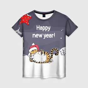 Женская футболка 3D с принтом Happy New Year 2022 Тигр в Екатеринбурге, 100% полиэфир ( синтетическое хлопкоподобное полотно) | прямой крой, круглый вырез горловины, длина до линии бедер | 2022 | год тигра | новый год | новый год 2022 | символ года | тигр | тигренок | тигрица | тигры