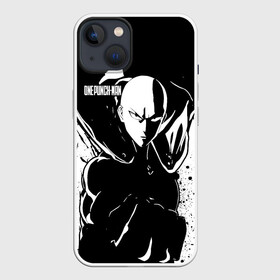 Чехол для iPhone 13 с принтом Черно белый Сайтама One Punch Man в Екатеринбурге,  |  | hagemanto | one punch man | one punchman | onepunchman | saitama | sensei | аниме | ван панч мен | ванпанчмен | лысый плащ | манга | сайтама | сильнейший человек | учитель | человек одинудар | человек одного удара