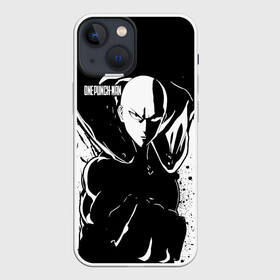 Чехол для iPhone 13 mini с принтом Черно белый Сайтама One Punch Man в Екатеринбурге,  |  | Тематика изображения на принте: hagemanto | one punch man | one punchman | onepunchman | saitama | sensei | аниме | ван панч мен | ванпанчмен | лысый плащ | манга | сайтама | сильнейший человек | учитель | человек одинудар | человек одного удара