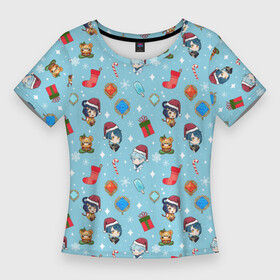 Женская футболка 3D Slim с принтом GI Christmas Pattern в Екатеринбурге,  |  | 2022 год | genshin impact | happy new year | каникулы | новый год | новый год 2022 | оливье | праздник | рождество | снег | снежинки
