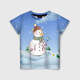 Детская футболка 3D с принтом Веселый Снеговичок в Екатеринбурге, 100% гипоаллергенный полиэфир | прямой крой, круглый вырез горловины, длина до линии бедер, чуть спущенное плечо, ткань немного тянется | Тематика изображения на принте: 2022 | новогодний | новый год | рождество | снег | снеговик