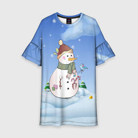 Детское платье 3D с принтом Веселый Снеговичок в Екатеринбурге, 100% полиэстер | прямой силуэт, чуть расширенный к низу. Круглая горловина, на рукавах — воланы | 2022 | новогодний | новый год | рождество | снег | снеговик