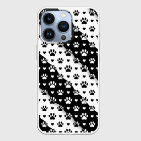 Чехол для iPhone 13 Pro с принтом Следы от Лап в Екатеринбурге,  |  | black white | chess | dog | dog pawprints | paws | животное | зверь | лапы | пёс | следы от лап | собака | собачьи следы от лап | хищник | чёрно белое | шахматка | щенок