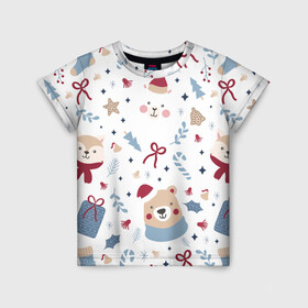 Детская футболка 3D с принтом Забавный Новый Год в Екатеринбурге, 100% гипоаллергенный полиэфир | прямой крой, круглый вырез горловины, длина до линии бедер, чуть спущенное плечо, ткань немного тянется | 2022 | детское | животные | забавный | зверята | лама | медведь | новый год | носки | смешные | узор