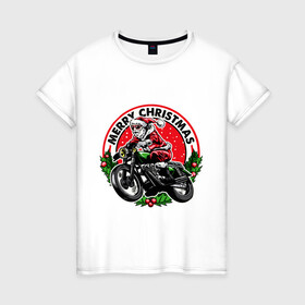 Женская футболка хлопок с принтом Santa Bikеr в Екатеринбурге, 100% хлопок | прямой крой, круглый вырез горловины, длина до линии бедер, слегка спущенное плечо | bike | biker | merry christmas | moto | santa | байк | байкер | мерри кристмас | мотоцикл | новый год | санта