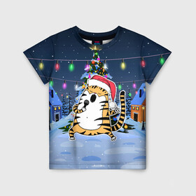 Детская футболка 3D с принтом Тигр поел у елки в Екатеринбурге, 100% гипоаллергенный полиэфир | прямой крой, круглый вырез горловины, длина до линии бедер, чуть спущенное плечо, ткань немного тянется | 2022 | год тигра | новый год | новый год 2022 | символ года | тигр | тигренок | тигрица | тигры