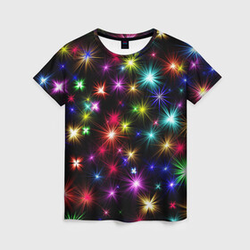 Женская футболка 3D с принтом ПРАЗДНИЧНЫЕ ОГОНЬКИ в Екатеринбурге, 100% полиэфир ( синтетическое хлопкоподобное полотно) | прямой крой, круглый вырез горловины, длина до линии бедер | christmas | lights | new year | stars | гирлянда | звезды | зима | новый год | огни | праздник | разноцветные | текстура | яркие