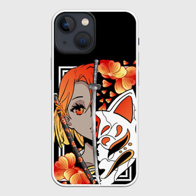 Чехол для iPhone 13 mini с принтом Samurai girl в Екатеринбурге,  |  | girl | japan | samurai | лис | маска | мечи | самурай | цветы