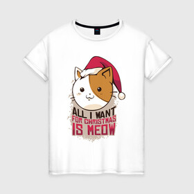 Женская футболка хлопок с принтом Christmas Cat в Екатеринбурге, 100% хлопок | прямой крой, круглый вырез горловины, длина до линии бедер, слегка спущенное плечо | art | cat | christmas | kitty | new year | арт | кот | котик | новый год | рождество