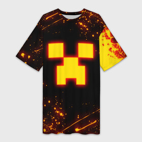 Платье-футболка 3D с принтом ОГНЕННЫЙ КРИПЕР, МАЙНКРАФТ в Екатеринбурге,  |  | block | creeper | cube | fire | flame | minecraft | pixel | tnt | блок | гаст | геометрия | крафт | крипер | кубики | майнкрафт | огонь | пиксели | пламя | тнт