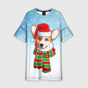 Детское платье 3D с принтом Новогодний Корги   New Years Corgi в Екатеринбурге, 100% полиэстер | прямой силуэт, чуть расширенный к низу. Круглая горловина, на рукавах — воланы | Тематика изображения на принте: christmas | corgi | dog | santa | дед мороз | елка | зима | корги | новый год | рождество | санта | снег | снегурочка | снежинка | собака | собачка | щенок