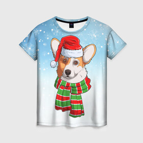 Женская футболка 3D с принтом Новогодний Корги   New Years Corgi в Екатеринбурге, 100% полиэфир ( синтетическое хлопкоподобное полотно) | прямой крой, круглый вырез горловины, длина до линии бедер | christmas | corgi | dog | santa | дед мороз | елка | зима | корги | новый год | рождество | санта | снег | снегурочка | снежинка | собака | собачка | щенок