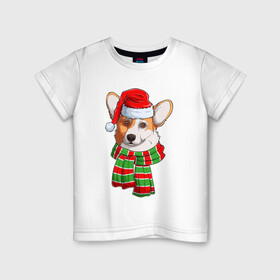 Детская футболка хлопок с принтом Новогодний Вельш корги в Екатеринбурге, 100% хлопок | круглый вырез горловины, полуприлегающий силуэт, длина до линии бедер | christmas | corgi | dog | santa | дед мороз | елка | зима | корги | новый год | рождество | санта | снег | снегурочка | снежинка | собака | собачка | щенок