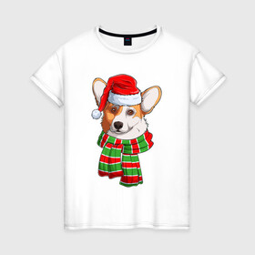 Женская футболка хлопок с принтом Новогодний Вельш корги в Екатеринбурге, 100% хлопок | прямой крой, круглый вырез горловины, длина до линии бедер, слегка спущенное плечо | christmas | corgi | dog | santa | дед мороз | елка | зима | корги | новый год | рождество | санта | снег | снегурочка | снежинка | собака | собачка | щенок