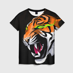 Женская футболка 3D с принтом Тигр, с зелеными глазами в Екатеринбурге, 100% полиэфир ( синтетическое хлопкоподобное полотно) | прямой крой, круглый вырез горловины, длина до линии бедер | 2022 | amur tiger | beast | fangs | happy new year | merry christmas | new year | predator | snow | stars | stern grin | stern look | winter | year of the tiger | амурский тигр | год тигра | зверь | зима | клыки | новый год | снег | суровый взгл