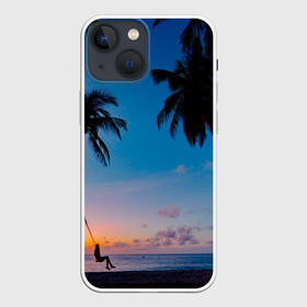 Чехол для iPhone 13 mini с принтом Пляжное настроение в Екатеринбурге,  |  | Тематика изображения на принте: вечернеенебо | закат | море | облака | пальмы | песок | пляж