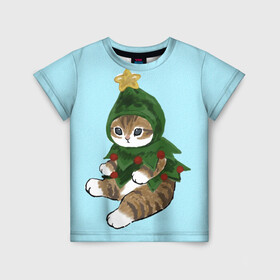 Детская футболка 3D с принтом Кот ёлочка в Екатеринбурге, 100% гипоаллергенный полиэфир | прямой крой, круглый вырез горловины, длина до линии бедер, чуть спущенное плечо, ткань немного тянется | арт | арт с котом | в подарок | для детей | для ребенка | елка | забавный кот | иллюстрация | илюстрация | к новому году | кот | кот в костюме | коты | кошка | кошки | красивый кот | милые животные | на