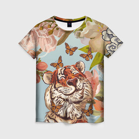 Женская футболка 3D с принтом Тигр и бабочки в Екатеринбурге, 100% полиэфир ( синтетическое хлопкоподобное полотно) | прямой крой, круглый вырез горловины, длина до линии бедер | 2022 | 2022 тигр | бабочка | бабочка и тигр | бабочки | восточный тигр | восточный узор | иероглиф тигра | китай | китайский пейзаж | китайский тигр | новый год | тигр | тигр 2022 | тигр и бабочка