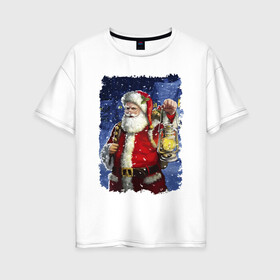 Женская футболка хлопок Oversize с принтом Santa Claus shines a lantern в Екатеринбурге, 100% хлопок | свободный крой, круглый ворот, спущенный рукав, длина до линии бедер
 | beard | blizard | eyes | holiday | lantern | merry christmas | moustache | new year | santa klaus | snow | борода | глаза | дед мороз | новый год | очки | праздник | пурга | рождество | снег | усы | фонарь