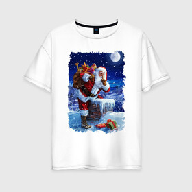 Женская футболка хлопок Oversize с принтом Дед Мороз с подарками на крыше в Екатеринбурге, 100% хлопок | свободный крой, круглый ворот, спущенный рукав, длина до линии бедер
 | beard | chimney | gifts | icicles | moustache | new year | night | roof | santa klaus | snow | winter | борода | дед мороз | зима | крыша | новый год | ночь | подарки | снег | сосульки | труба | усы