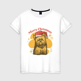 Женская футболка хлопок с принтом Merry Christmas в Екатеринбурге, 100% хлопок | прямой крой, круглый вырез горловины, длина до линии бедер, слегка спущенное плечо | art | christmas | dog | drawing | hat | new year | stars | арт | звезды | новый год | пес | рисунок | рождество | собака | собака в шапке