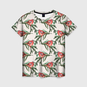 Женская футболка 3D с принтом Снегири паттерн в Екатеринбурге, 100% полиэфир ( синтетическое хлопкоподобное полотно) | прямой крой, круглый вырез горловины, длина до линии бедер | зима | зимняя птица | новый год | птица | птичка | снегири | снегирь
