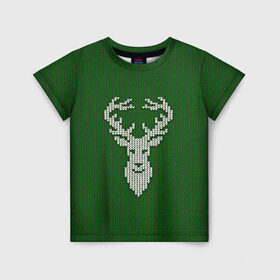 Детская футболка 3D с принтом Вязанный олень в Екатеринбурге, 100% гипоаллергенный полиэфир | прямой крой, круглый вырез горловины, длина до линии бедер, чуть спущенное плечо, ткань немного тянется | вязка | голова | олень | праздник | текстура