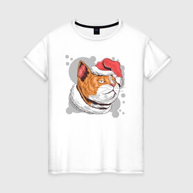Женская футболка хлопок с принтом Christmas Cat в Екатеринбурге, 100% хлопок | прямой крой, круглый вырез горловины, длина до линии бедер, слегка спущенное плечо | art | cat | christmas | kitty | new year | santa hat | арт | кот | котик | кошка | новый год | рождество | шапка санты