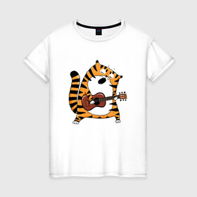 Женская футболка хлопок с принтом Тигр играет на гитаре в Екатеринбурге, 100% хлопок | прямой крой, круглый вырез горловины, длина до линии бедер, слегка спущенное плечо | Тематика изображения на принте: 2022 | год тигра | новый год | новый год 2022 | символ года | тигр | тигренок | тигрица | тигры