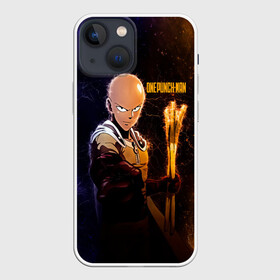 Чехол для iPhone 13 mini с принтом Космический Сайтама One Punch Man в Екатеринбурге,  |  | Тематика изображения на принте: hagemanto | one punch man | one punchman | onepunchman | saitama | sensei | аниме | ван панч мен | ванпанчмен | лысый плащ | манга | сайтама | сильнейший человек | учитель | человек одинудар | человек одного удара