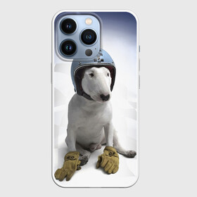 Чехол для iPhone 13 Pro с принтом Bully   легендарный гонщик в Екатеринбурге,  |  | bull terrier | dog | flag | gloves | helmet | motorsport | muzzle | paws | racer | автоспорт | бультерьер | гонщик | лапы | перчатки | собака | флаг | шлем