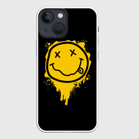 Чехол для iPhone 13 mini с принтом NIRVANA LOGO SMILE, БРЫЗГИ КРАСОК в Екатеринбурге,  |  | band | cobain | face | kurt | logo | music | nirvana | rock | rocknroll | группа | кобейн | курт | лого | логотип | музыка | музыкальная | нирвана | рожица | рок | рокнролл | символ