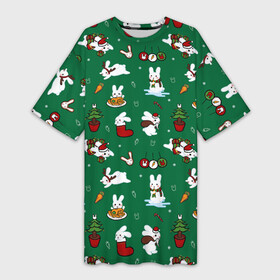 Платье-футболка 3D с принтом Новогодний паттерн с зайчиками в Екатеринбурге,  |  | 2022 | christmas | new year | животные | зайчик | заяц | звери | зверюшки | кавай | милота | милый | нг | новогодний | новый год | паттерн | рождество