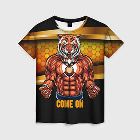 Женская футболка 3D с принтом Накаченный тигр в Екатеринбурге, 100% полиэфир ( синтетическое хлопкоподобное полотно) | прямой крой, круглый вырез горловины, длина до линии бедер | 2022 | год тигра | новый год | новый год 2022 | символ года | тигр | тигренок | тигрица | тигры