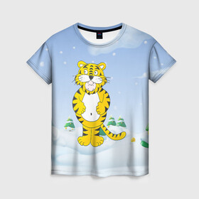 Женская футболка 3D с принтом костюм тигра в Екатеринбурге, 100% полиэфир ( синтетическое хлопкоподобное полотно) | прямой крой, круглый вырез горловины, длина до линии бедер | 2022 | год тигра | новый год | новый год 2022 | символ года | тигр | тигренок | тигрица | тигры