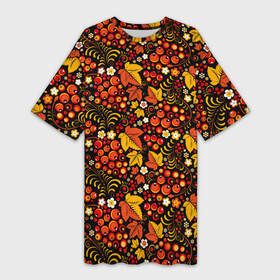 Платье-футболка 3D с принтом Хохлома. цветы ягодки в Екатеринбурге,  |  | листья | паттерн | роспись | узоры | хохлома | цветы | ягоды
