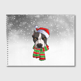 Альбом для рисования с принтом Новогодний Питбуль   New Years Pit bull в Екатеринбурге, 100% бумага
 | матовая бумага, плотность 200 мг. | Тематика изображения на принте: christmas | dog | pit bull | santa | дед мороз | зима | новый год | питбуль | рождество | санта | снег | снежинка | собака | собачка | щенок