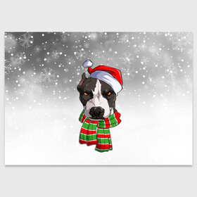 Поздравительная открытка с принтом Новогодний Питбуль   New Years Pit bull в Екатеринбурге, 100% бумага | плотность бумаги 280 г/м2, матовая, на обратной стороне линовка и место для марки
 | Тематика изображения на принте: christmas | dog | pit bull | santa | дед мороз | зима | новый год | питбуль | рождество | санта | снег | снежинка | собака | собачка | щенок