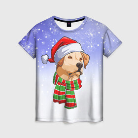 Женская футболка 3D с принтом Новогодний Лабрадор   New Years Labrador в Екатеринбурге, 100% полиэфир ( синтетическое хлопкоподобное полотно) | прямой крой, круглый вырез горловины, длина до линии бедер | christmas | dog | labrador | retriever | santa | дед мороз | зима | лабрадор | новый год | ретривер | рождество | санта | снег | снежинка | собака | собачка | щенок