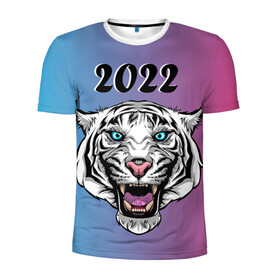 Мужская футболка 3D спортивная с принтом Оскал тигра в Екатеринбурге, 100% полиэстер с улучшенными характеристиками | приталенный силуэт, круглая горловина, широкие плечи, сужается к линии бедра | Тематика изображения на принте: кошка | новый год | оскал | праздник | тигр