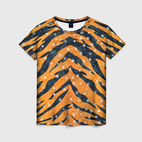 Женская футболка 3D с принтом Новогодняя шкура тигра в Екатеринбурге, 100% полиэфир ( синтетическое хлопкоподобное полотно) | прямой крой, круглый вырез горловины, длина до линии бедер | 2022 | новый год | оранжевый | полосатый | полоски | полосы | снег | снежинки | тгриный | тигр