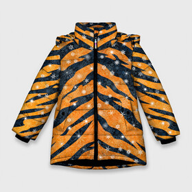 Зимняя куртка для девочек 3D с принтом Новогодняя шкура тигра в Екатеринбурге, ткань верха — 100% полиэстер; подклад — 100% полиэстер, утеплитель — 100% полиэстер. | длина ниже бедра, удлиненная спинка, воротник стойка и отстегивающийся капюшон. Есть боковые карманы с листочкой на кнопках, утяжки по низу изделия и внутренний карман на молнии. 

Предусмотрены светоотражающий принт на спинке, радужный светоотражающий элемент на пуллере молнии и на резинке для утяжки. | 2022 | новый год | оранжевый | полосатый | полоски | полосы | снег | снежинки | тгриный | тигр