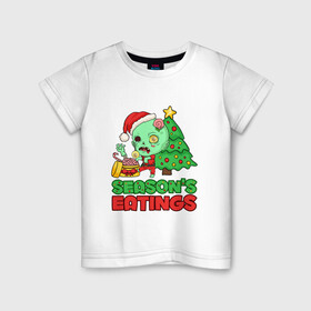 Детская футболка хлопок с принтом Christmas Zombie в Екатеринбурге, 100% хлопок | круглый вырез горловины, полуприлегающий силуэт, длина до линии бедер | Тематика изображения на принте: art | brains | christmas | gift | holiday | new year | tree | zombie | арт | елка | зомби | мозги | новый год | подарок | праздник | рождество