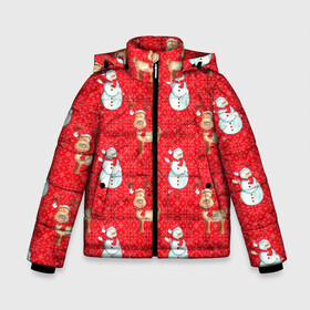 Зимняя куртка для мальчиков 3D с принтом Снеговики и олени в Екатеринбурге, ткань верха — 100% полиэстер; подклад — 100% полиэстер, утеплитель — 100% полиэстер | длина ниже бедра, удлиненная спинка, воротник стойка и отстегивающийся капюшон. Есть боковые карманы с листочкой на кнопках, утяжки по низу изделия и внутренний карман на молнии. 

Предусмотрены светоотражающий принт на спинке, радужный светоотражающий элемент на пуллере молнии и на резинке для утяжки | 2022 | новогодний | новый год | олени | праздник | рождество | снеговик