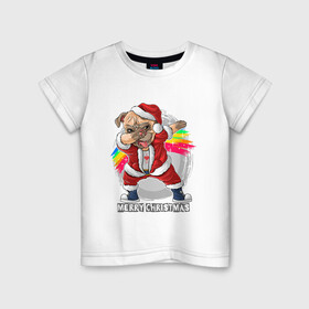 Детская футболка хлопок с принтом Christmas Pug в Екатеринбурге, 100% хлопок | круглый вырез горловины, полуприлегающий силуэт, длина до линии бедер | Тематика изображения на принте: christmas | dab | dog | holiday | new year | pug | rainbow | santa | даб | мопс | новый год | праздник | радуга | рождество | санта | собака