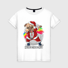 Женская футболка хлопок с принтом Christmas Pug в Екатеринбурге, 100% хлопок | прямой крой, круглый вырез горловины, длина до линии бедер, слегка спущенное плечо | christmas | dab | dog | holiday | new year | pug | rainbow | santa | даб | мопс | новый год | праздник | радуга | рождество | санта | собака